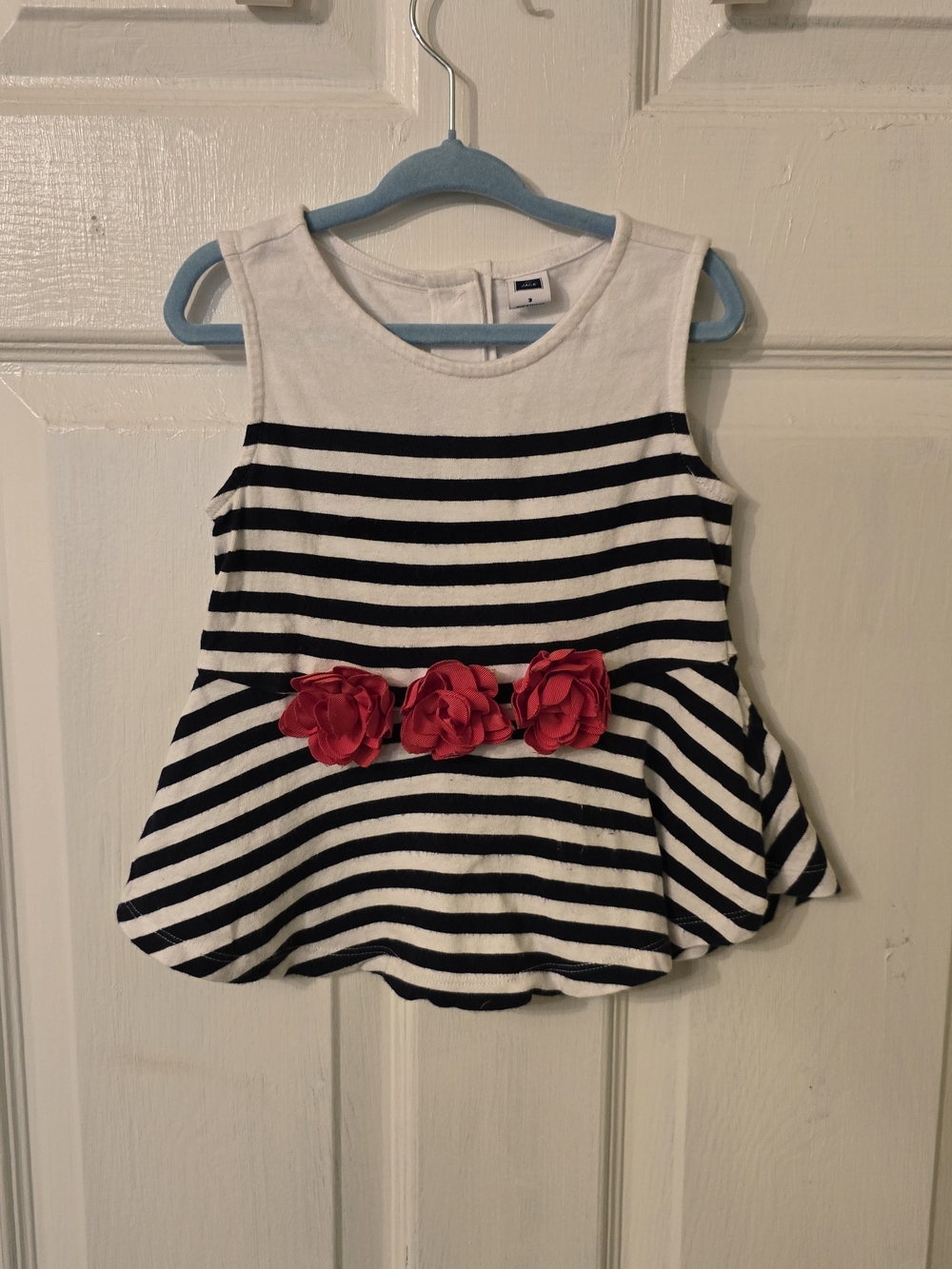 Janie and Jack Blue & White Striped Peplum Tank with Red Flower Accents